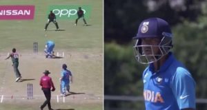 India opener Divyaansh Saxena reacts furiously to Bangladesh pacer Tanzim Sakib’s poor throw