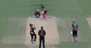 Pravin Tambe's maiden over against Chris Lynn in CPL