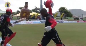 Sherfane Rutherford loses his cool after being dismissed for a run-out